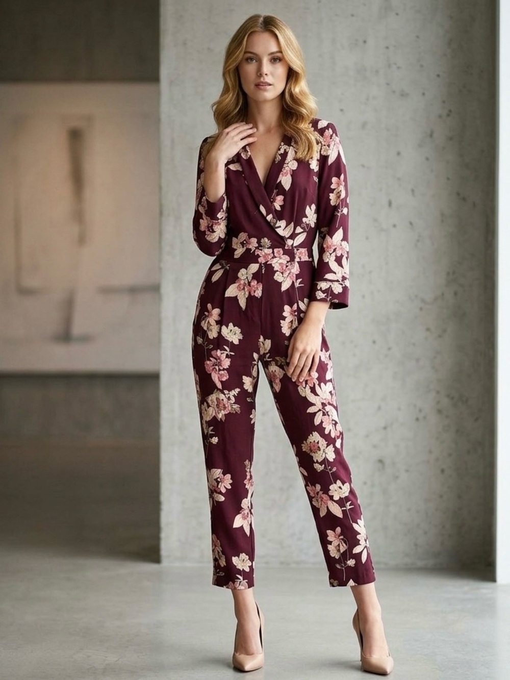 Zara Basic Women's Burgundy Floral Long Sleeve Wrap Jumpsuit size XS V-neck